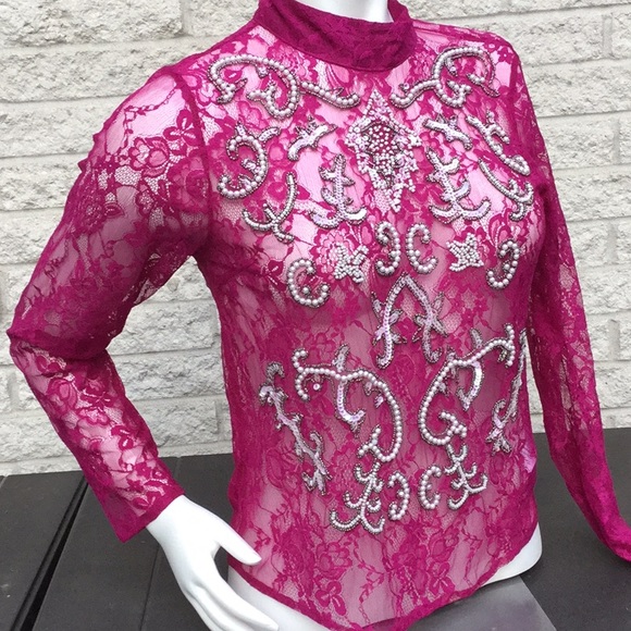 NEW ASOS Pink Pearl Sequin Sheer Lace long sleeve Mock Top 2 - Picture 1 of 8